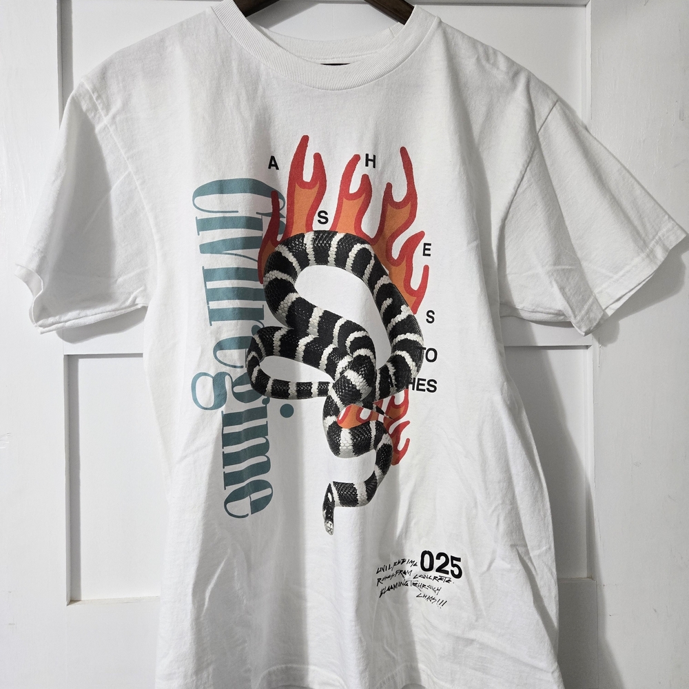 White Graphic Tee with Snake and Flame Design